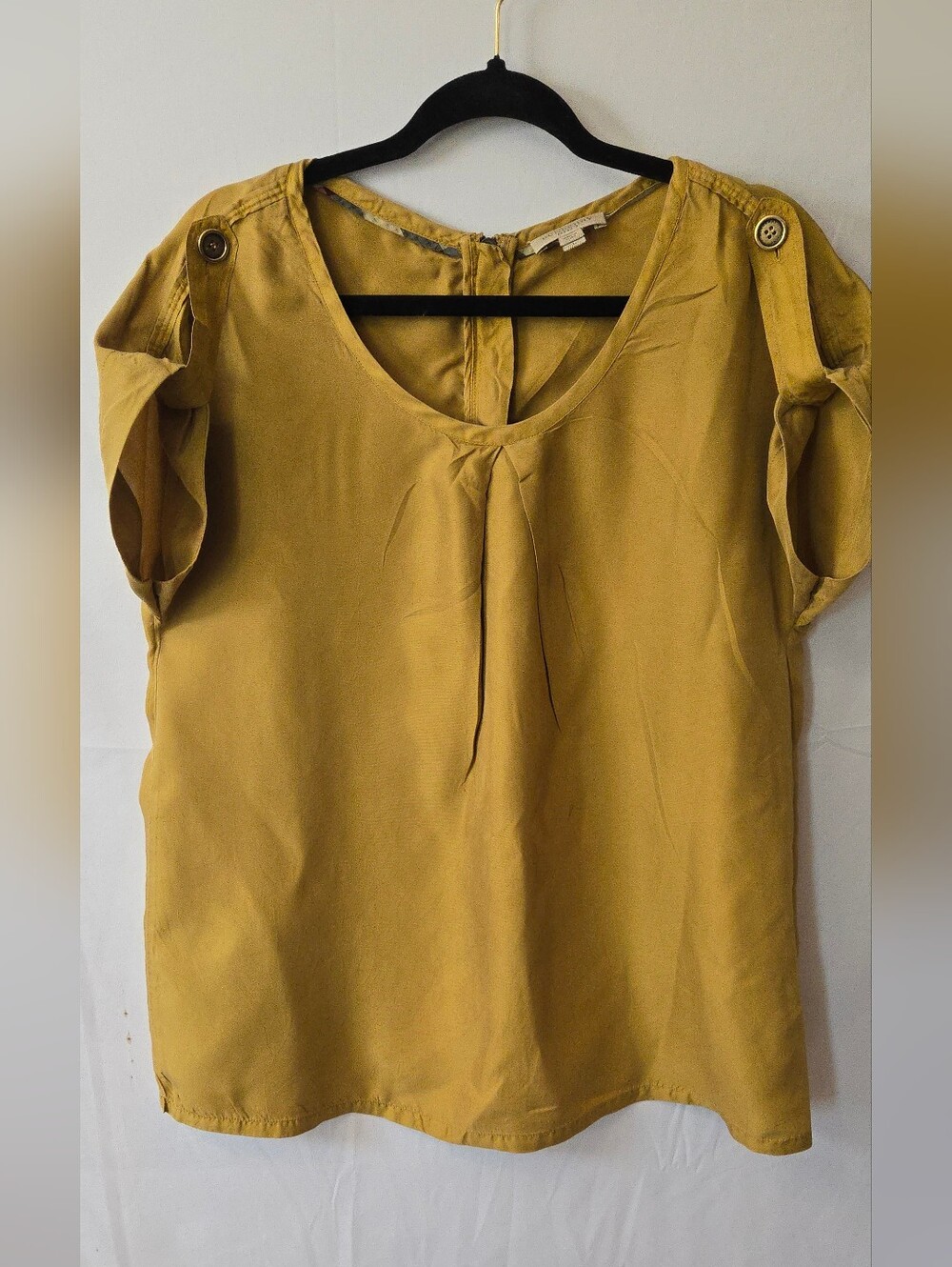 Burberry Brit 100% Mulberry Silk Mustard Yellow Short Sleeve Zip Back Blouse L